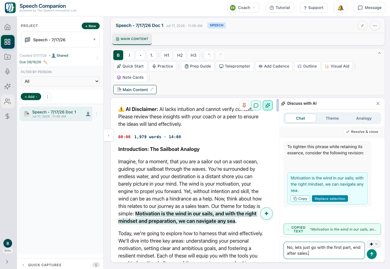 In-line AI editing inside a Speech Companion project