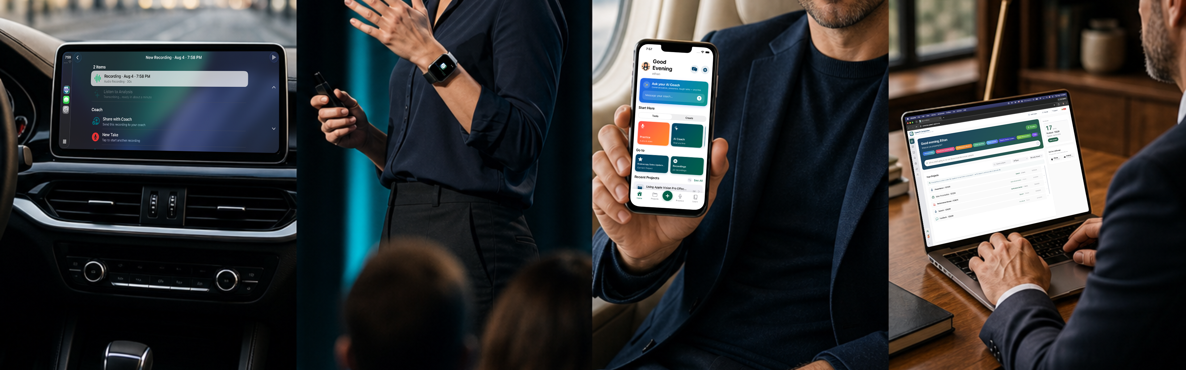 Speech Companion in a car, on stage, on a phone, and at a desk